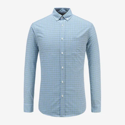 Camisa social masculina de mangas compridas xadrez azul claro para escritório